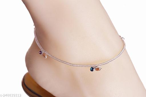 A Pair of Chain Anklets, 10 Inch Long, Silver Color with CZ & Synthetic Stone
