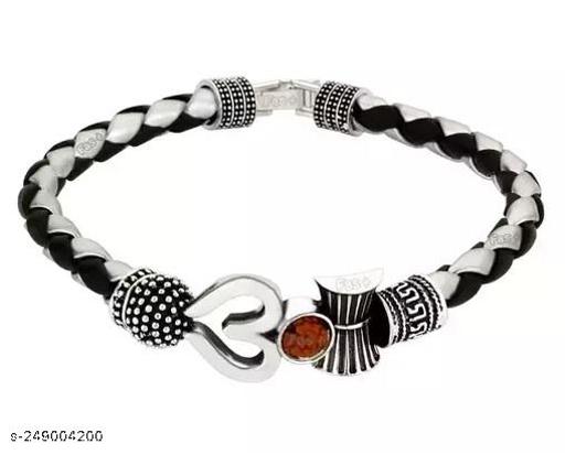 Gold-Plated-Mahakal-Trishul-Rudraksha-Mala-And-Leather-Om-Damru-Silver-Black-Bracelet-For-Gift-Purpose-Item-Combo-Pack