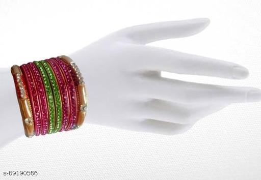 RADHIKAA FASHIONS Jaipuriya Stylish Crystals Sheep Bangles (Pack of 16) (Green-Gold-Pink)