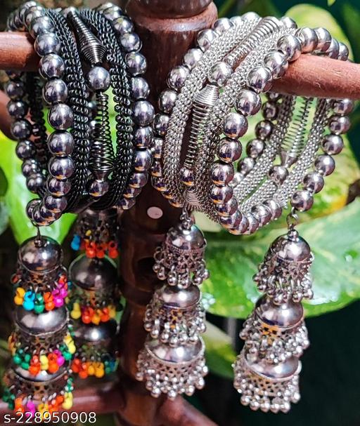 Induren Combo Silver and black classic bracelets 02 with hanging beautiful beads jhumka for girls and women