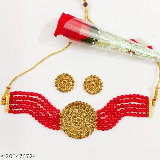 Red-Pearl-Necklace-and-Pair-of-Earrings-(Gold-Tone-Ethnic-Pearls-Motihar-Necklace-&-Earring-Set-with-Flower-Stone-Art)
