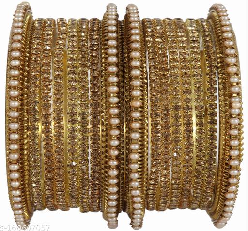 ZULKA Metal Base Metal Studded with Zircon Gemstone Or Pearl Glossy Finished Bangle Set For Women and Girls, (Gold), Pack Of 16 Bangle Set