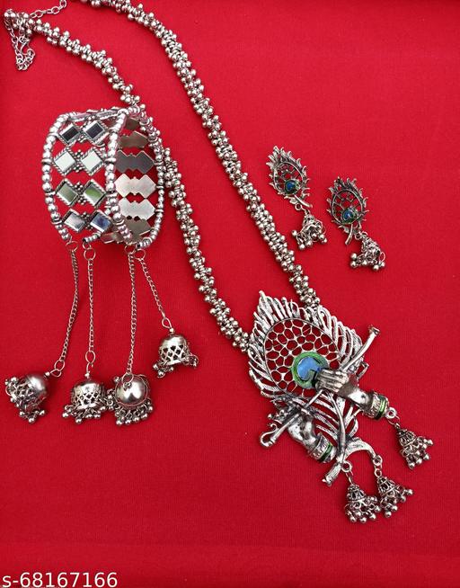 Oxidised-German-Silver-Jewellery-Set/Krishna-Flute-Jewellery-Set/Sterling-Silver-Plated-Alloy-Necklace-Set/Black-Silver-Plated-Metal-Necklace-For-Girls-And-Women