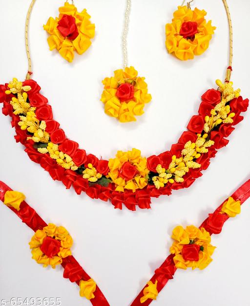 Artificial-Flower-Haldi-Jwellery-Set-for-Wedding/Party/Bridal/Haldi-/-Mehndi-/Baby-Shower/Marriage-Festive-Season.-This-Turmeric-Floral-Jwellery-Set-is-made-by-Fabric-Rose-and-Pollen-in-Multicolour.