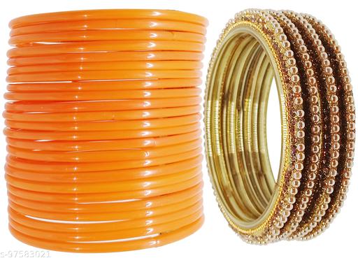 KHUSHI BANGLE Gossy Glass with Beads and Plain Bangle set for Women/Girls, Pack of 28 Bangles.