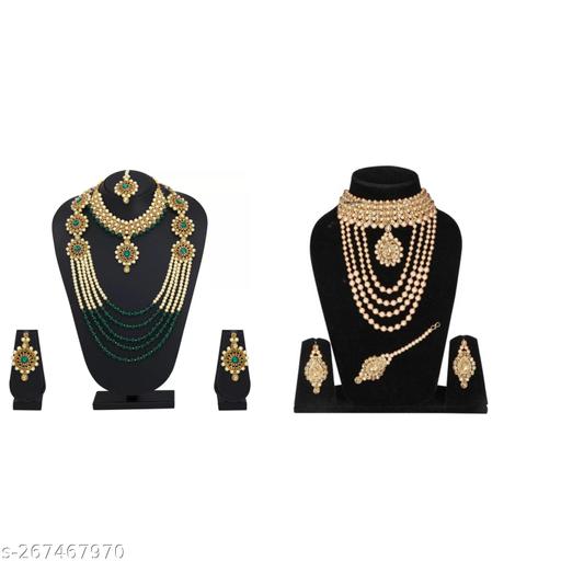 Artificial-Imitation-Traditional-&-Ethnic-Gold-Plated-Kundan-Studded-with-Beaded-Pearls-Rani-Haar,-Choker-Necklace-Jewellery-Set-with-Maang-Tikka-and-Earrings-(BJRH3C-Green-BJ-SRH3L-Golden)