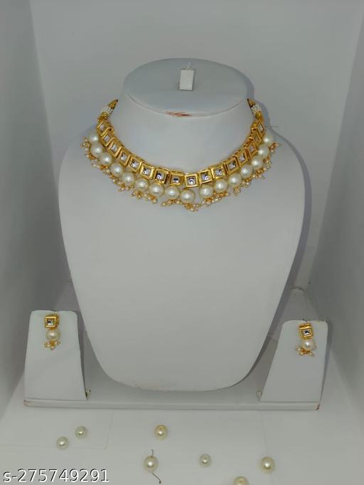 Brass-Gold-Plated-White-Pearl-Jewelry-Set-|-Necklace-and-Earrings-|-Polki-and-Kundan-|-Meesho-Exclusive