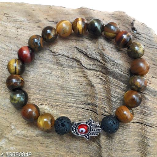 UFO 8mm Natural Tiger Eye & Lava Beads Evil Eye Hamsa Hand Charm Elastic Healing Gemstone Bracelet /Band/Rakhi/Suitable For All