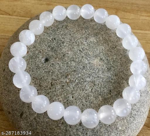 Uniqon (Adjustable Size) White Plain 8mm Moti Pearl Bead Natural Feng-Shui Healing Crystal Gem Stone Wrist Band Elastic Bracelet For Men's & Women's