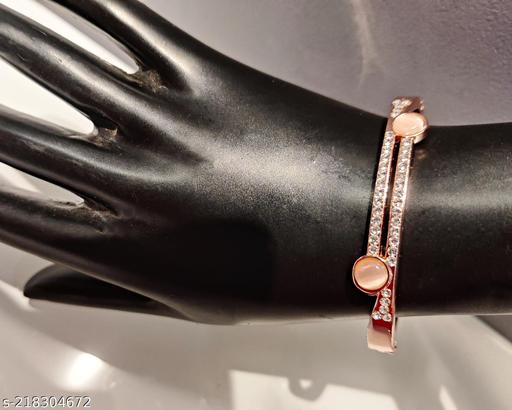 La Belleza Rose Gold Plated Crystal Rhinestone Studded Opal Stone Mona Lisa Bangle Bracelet for Girls and Women Combo Pack 0f 3