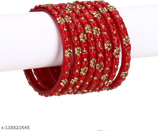 Somil Red Color Glass Bangle Cum Kada Set Of Eight Decorative With Colorful Deads & Stone