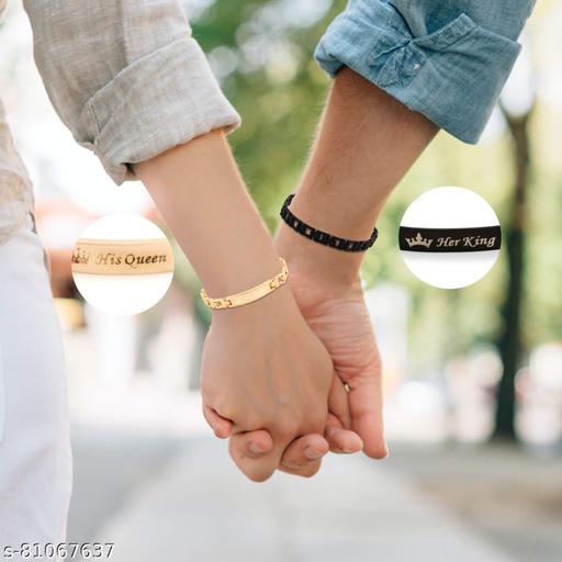 Adhvik Black & Rose-Gold (6.5cm Diameter) Valentine's Day Special Metal His Queen And Her King Crown Romantic Love Couple Friendship 2 in 1 Duo Wrist Cuff Chain Bracelet