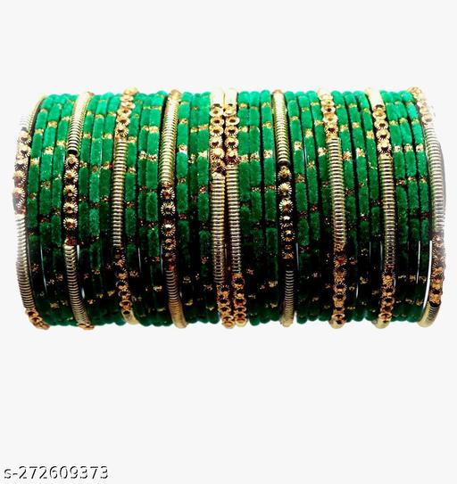 "Golden Bliss: 34-Piece Bangle Set with 10 Golden and 24 Colored Velvet Bangles"