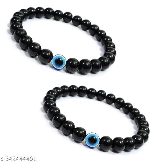 SENECIO Pack of 2 Black Evil Eye Beaded Handmade Lucky Charm Protection Bracelet Nazar Battu For Men & Women