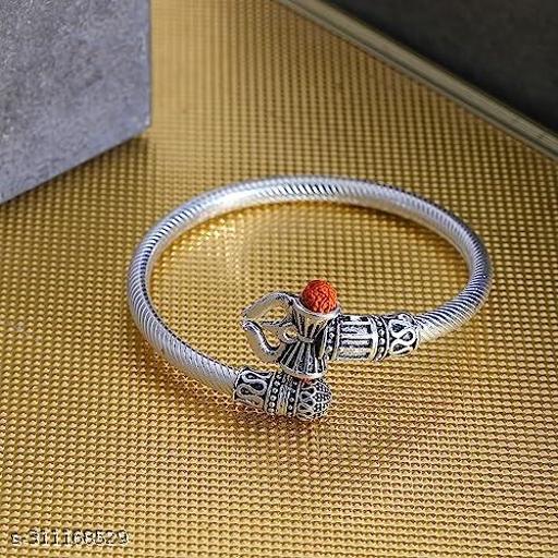 Rudraksha BIG OM Trishul Damroo Mahadev Designer Oxidized Silver Stainless Steel Bahubali Kada bracelet Unisex Cuff Shiv Bracelets for Men & Women Boys Girls Bracelet