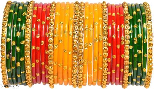 Multicolor Glass Bangles With Golden Akbar BAngles (Pack of 32)