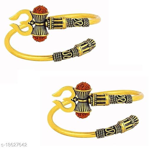 Stylewell (Set Of 2 Pcs) Unisex Stylish (Golden Color) Trending Rudraksha Oxidized Shiva Mahakal Trishul Damroo Designer Bahubali Cuff Kada Wrist Band Bracelets (Free Size)