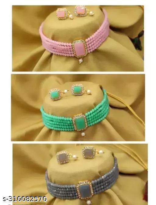 3 Pcs Chocker Combo Jewellery Set Pink Pista DK Green for Ladies & Girls