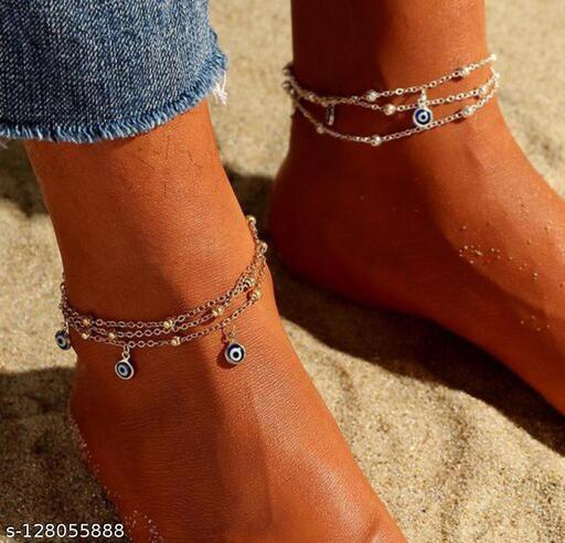 Exclusive Gifts Pack Of 2 Evil Eye Anklet Multi Layered Beads Women Leg Chain Gold Silver Color