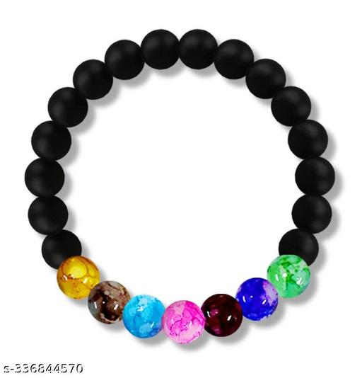Adhvik Valentine's Day Black Matty 8mm Pearl/Beads 7 Multicolor Natural Feng-Shui Healing Howlite Crystal Gem Marble Stone Love Couples Promise Wrist Band Cuff Elastic Field Bracelets