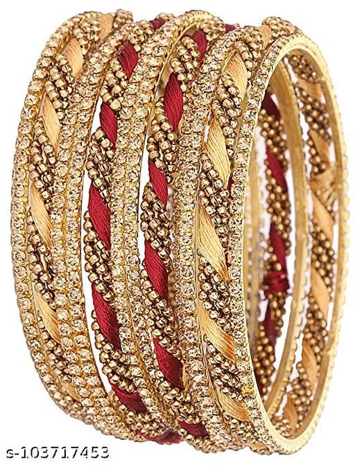 ZULKA Non-Precious Metal Base Metal with Zircon Gemstone Or Silk Thread and Ball Chain Linked Glossy Finished Bangles Set For Women and Girs, (Multi-Colour), Pack Of 12 Bangles Set