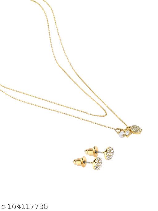 Lilly-&-Sparkle-Gold-Toned-Two-Layered-Necklace-With-Crystal-Studded-Coin-And-Pearl-Charm-With-Crystal-Studded-Stud-Earrings
