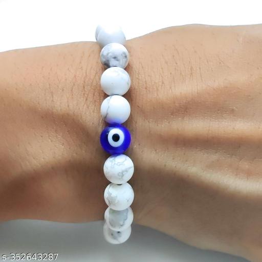 (Set Of 2 Pcs Elastic Stretchable 8mm Natural Feng-Shui Healing Howlite Gem Marble White Printed Pearl Beads/Stone Evil Eye Nazariya Wrist Band Cuff Bracelet For Men's & Women's