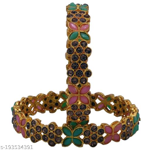 Hrinkar Yellow Gold Plated Traditional Bangles Set for Women | Set of 2 American Diamond Jewellery Multicolor Stone Metal Bangle - HBGL3237