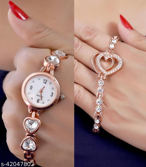 metal strap analog watch and bracelet combo for Girls