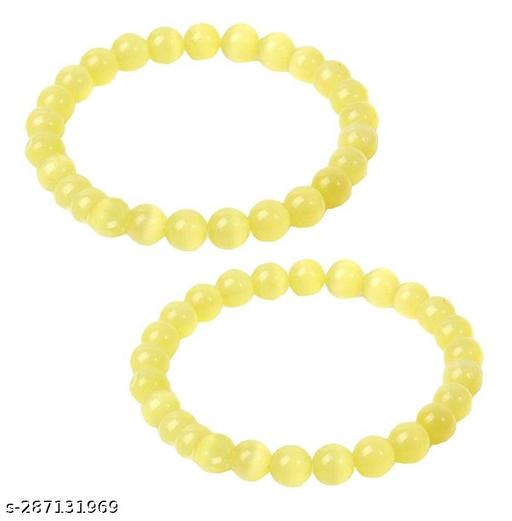 Adhvik (Pack Of 2 Pcs) Adjustable Size Yellow Plain 8mm Moti Pearl Bead Natural Feng-Shui Healing Crystal Gem Stone Wrist Band Elastic Bracelet For Men's & Women's