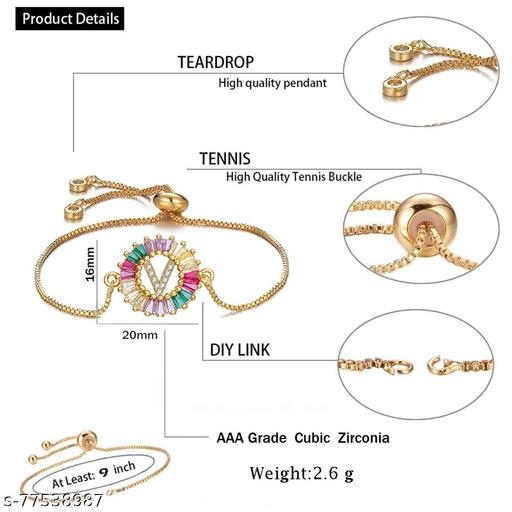 ZIVOM Colourful Rainbow Gold Initial Alphabet V Letter Cz Slider Bracelet