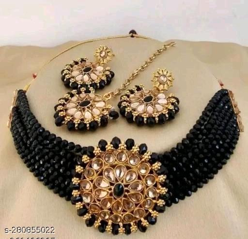 Traditional-Choker-Necklace-Set-Earrings-With-Mang-Tikka-Combo-Set-For-Women-Beads-Jewellery-(-Black)
