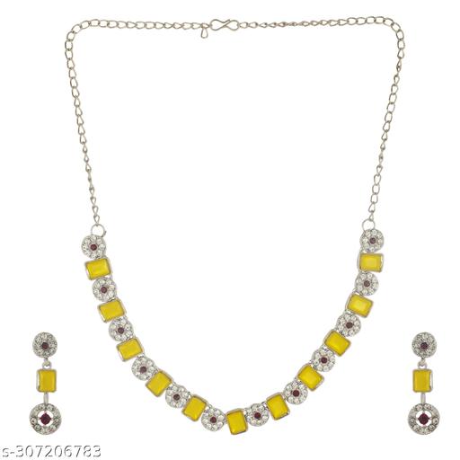 GlammTank-Rhodium-plated-Fancy-square-shaped-American-Diamond-studded-Necklace-Jewellery-Set-for-Women-Girls