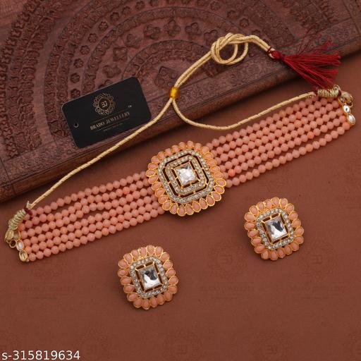 Crystal-Orange-Pearl-Elegant-Jewelry-Choker-Necklace-With-Beautiful-Earrings-For-Women-And-Girls