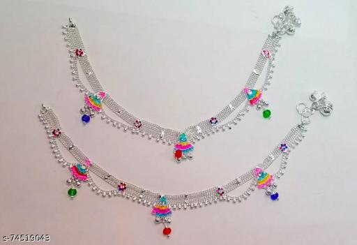 Uvi Big Fashion PAYAL SILVER PLATED FULL WHITE FANCY ANKLET