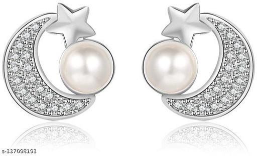 MYKI Smashing Star Moon Pearl Cubic Zirconia Earrings For Women & Girls