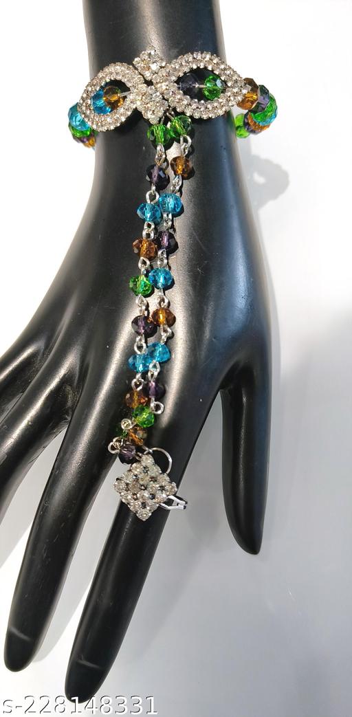 LA BELLEZA Rhodium Plated White Rhinestone Crystals and Multicolor Imitation Beads Haathphool Jewellery, Crystal Bracelet Kada Handcuff with Finger Ring