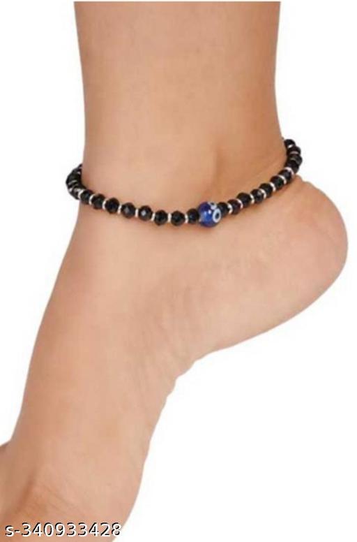 Evil Eye Silver and Black beads Anklet
