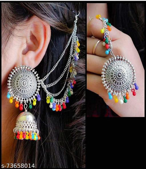 Oxidised-Silver-Multicolor-Maangtika-with-Earrings-Jhumkis-For-Women-and-Girls