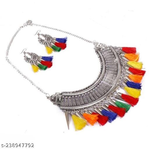 Samy-collection-oxidised-silver-multicolour-choker-necklace-with-earring-set-for-women-&-girls
