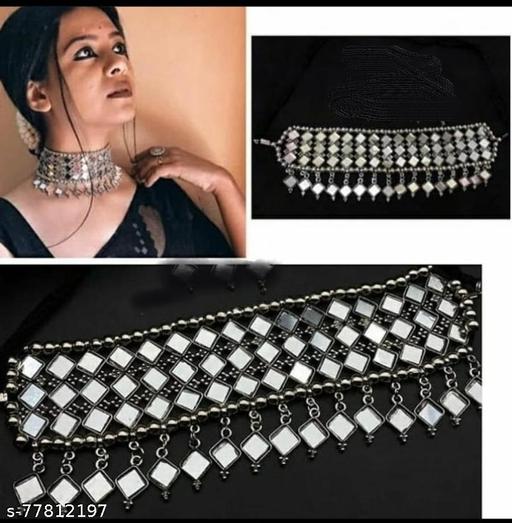 Jewelhaar-Oxidised-Mirror-Design-Choker-Necklace-Set-With-Earrings