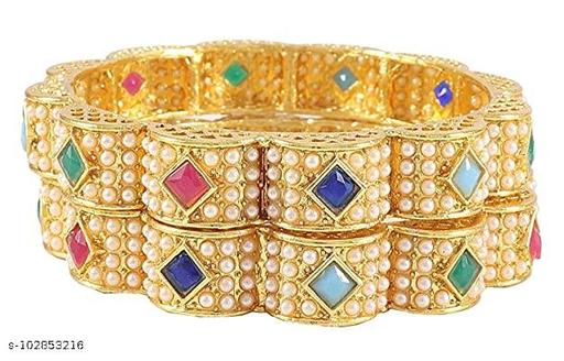 ZULKA Non-Precious Metal Base Metal with Ruby Or Beads Studded worked Glossy Finished Kada Set For Women and Girls, (MultiColour), Pack Of 2 Kada Set