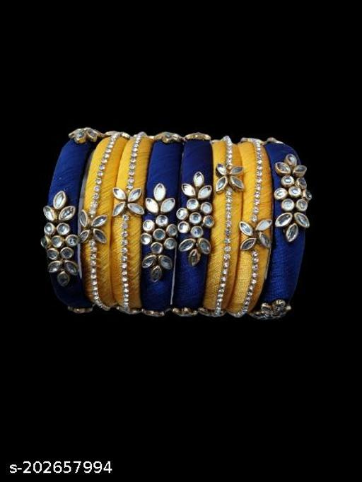 SHRIVAS JEWELS Silk Thread Bangles Kada For Women Girls 8 Pc Set Wedding & Festive Occassion Hnadmade Multicoloured Chura Chuda(Yellow - BLUE)NEW