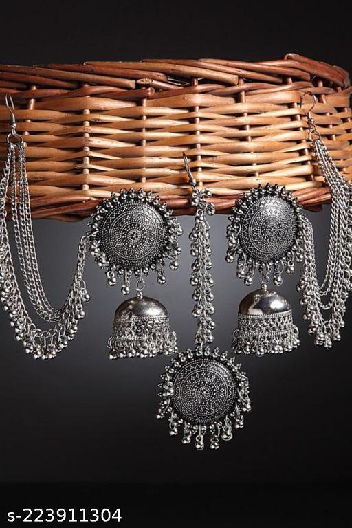 Maya-Traditional-Antique-Multicolor-Beads-Bahubali-Long-Chain-Jhumka-Earrings-With-Mang-Tikka-For-Women-and-Girls-Brass-Jhumki-Earring