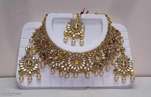HAAT-BOX-Alloy-Gold-Plated-Golden-Pearls-Adjustable-Necklace-Set-With-Mang-Tika,-Choker-and-Earrings