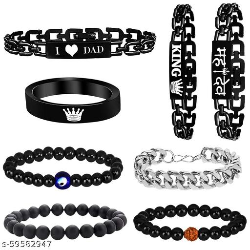 MEN JEWELLERY SET KING,MAHADEV,I LOVE DAD,EVIL EYE,RUDRAKSHA,KING RING,METAL BRACELET (PACK OF 8)