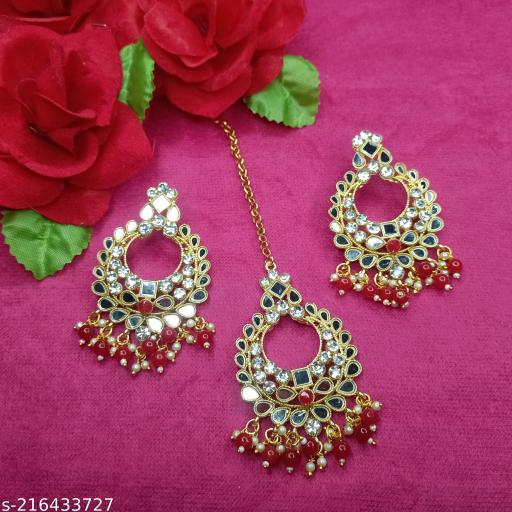 Red-mirror-work-earrings-with-maangtika-for-Wedding,-Party-and-festive-function.