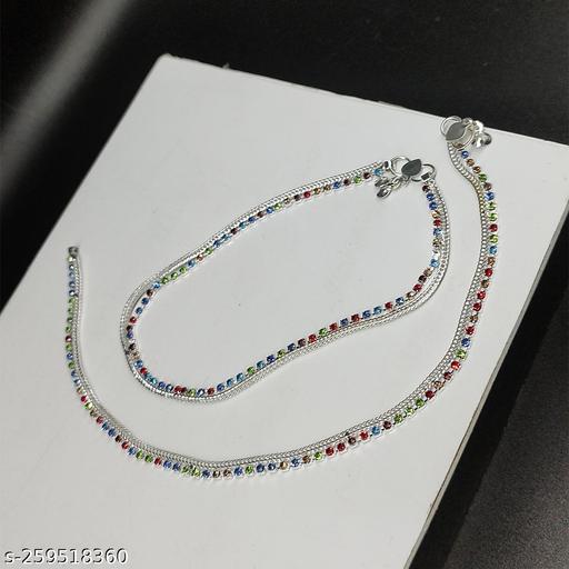 Sterling Silver Chain Anklet with Shining Multicolor Crystals - Designer Look