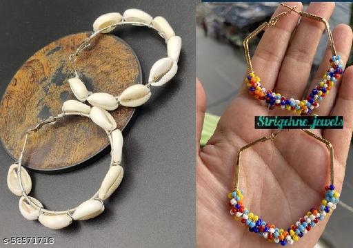 Strigehne Combo of Pentagon Shape Multicolour Beads Hoop and Shell Hoop Earrings