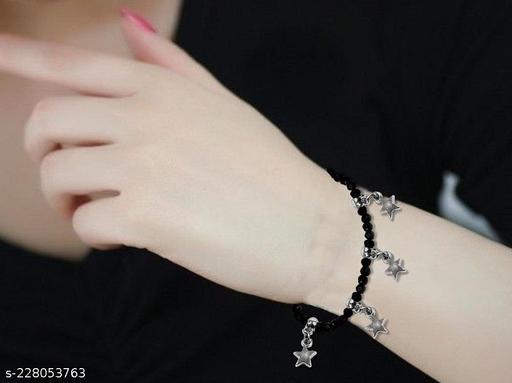 Uniqon Unisex Adjustable Stylish Trending Round Black Crystal 4mm Moti Pearl Beads/Stone Hanging/Latkan Stars Freindship Wrist Band Cuff Elastic Charming Bracelet Gift Jewellery Set